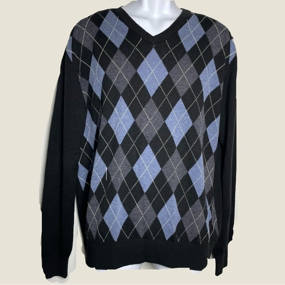 Neiman Marcus Wool Blend Argyle Sweater Men’s Size Large Black Blue Gray - Picture 2 of 9